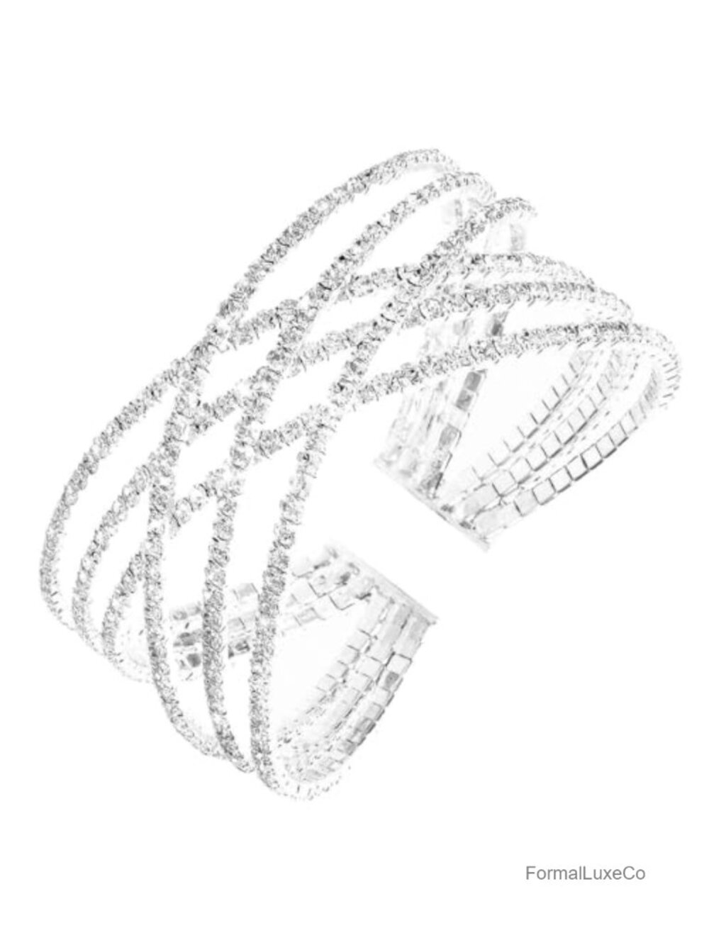 Crystal Rhinestone Cuff Bracelet Silver Strand Layered Bridal Jewelry